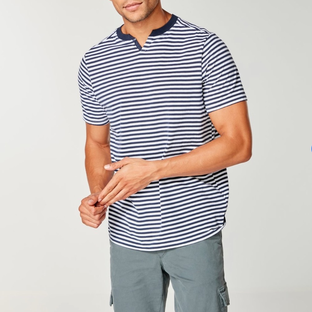 STRIPE JERSEY RAZOR NOTCH NECK CREW